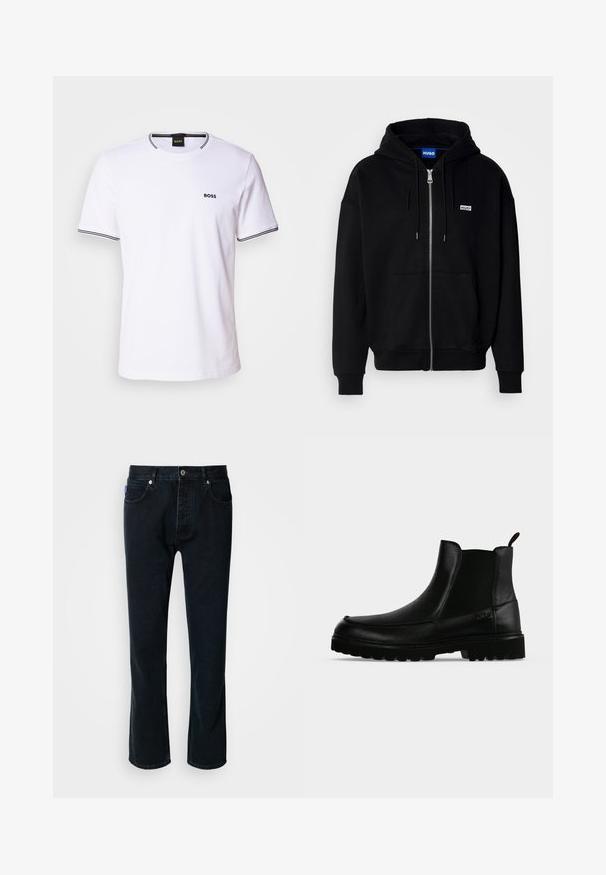 Zwarte ritshoodie van zacht materiaal, met een voorkantzak, een capuchon met koorden en een klein wit logo op de linkerborst.; Witte katoenen t-shirt met korte mouwen, voorzien van een ronde halslijn en zwarte strepen op de kraag en mouwranden. Klein "BOSS" logo op de borst.; HUGO JONAH - Straight leg jeans - dark blue; Zwarte leren enkellaars met een gestructureerde zool, elastische zijpanelen en een trekriempje op een lichtgrijze achtergrond.