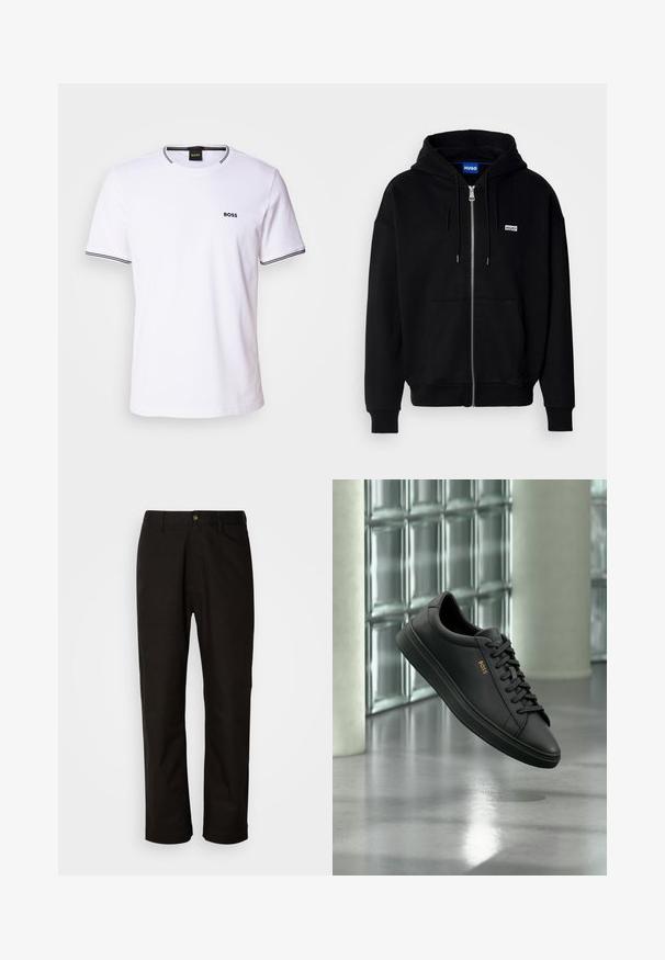Must mustaga hoodie, mis on valmistatud pehmest kangast, millel on eesmine tasku, nööriga kapuuts ja väike valge logo vasakul rinnal.; Valge puuvillane T-särk lühikeste varrukatega, ümmarguse kaelusega ning mustade triipudega kaeluse ja varruka äärtes. Rinnas on väike "BOSS" logo.; Mustad puuvillased püksid sirge lõikega, vöökohaga, esi tõmblukuga ja ühe nupuga sulgemisega. Sile tekstuur, ilma nähtavate mustriteta.; Mustad madala säärega nahast tennised mustade paelte ja kuldse BOSS logo külgedel, hõljuvad läikiva halli põranda kohal moodsas siseruumis.
