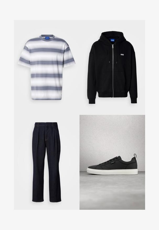 Must mustaga hoodie, mis on valmistatud pehmest kangast, millel on eesmine tasku, nööriga kapuuts ja väike valge logo vasakul rinnal.; Räiulõhuga triibuline t-särk hallis ja valges värvitoonis, valmistatud pehmest puuvillast. Omab ümarat kaelust ja lühikesi varrukaid. Kanga peal on peen gradiendi muster.; Tumedast sinine laiad säärtega teksapüksid, millel on ees voltide ja oranži õmblused, esitatud valgel taustal.; Mustast nahast toss valge kummist tallaga, esiosal nöörsulguriga ja küljele trükitud brändinguga. Omab siledat tekstuuri ja minimalistlikku kujundust.