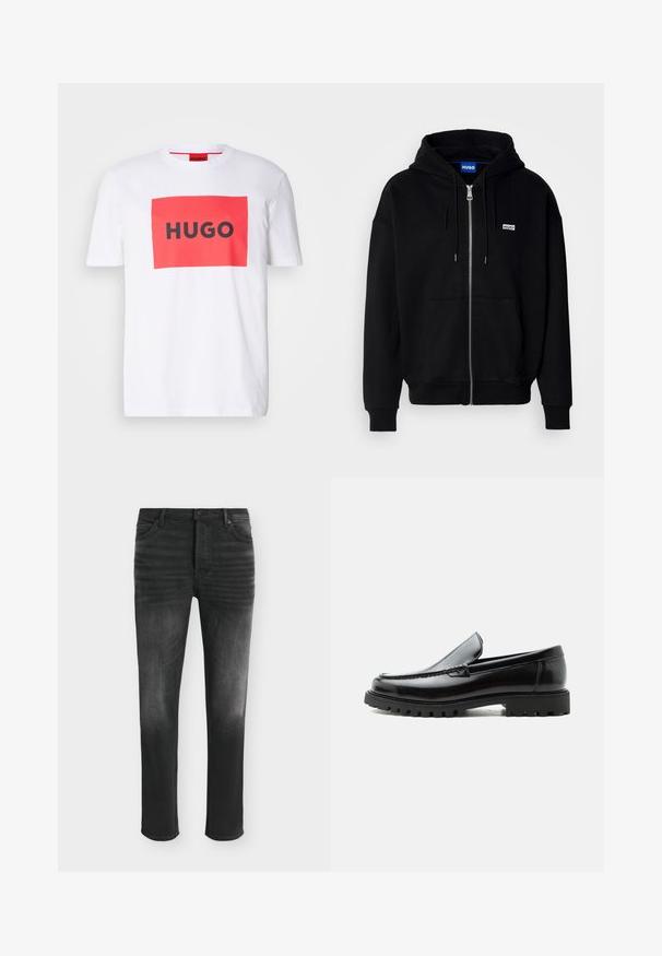 Hoodie zippé noir en tissu doux, avec une poche avant, une capuche à cordon et un petit logo blanc sur la poitrine gauche.; T-shirt en coton blanc avec un graphique rectangulaire rouge et le texte noir en gras "HUGO" au centre. Manches courtes, design à col rond.; Jean skinny noir avec des détails délavés, style cinq poches et fermeture par bouton à la taille.; Mocassin en cuir noir avec semelle en caoutchouc épaisse, dessus cousu et nom de marque embossé sur le talon, présenté de profil sur fond blanc.