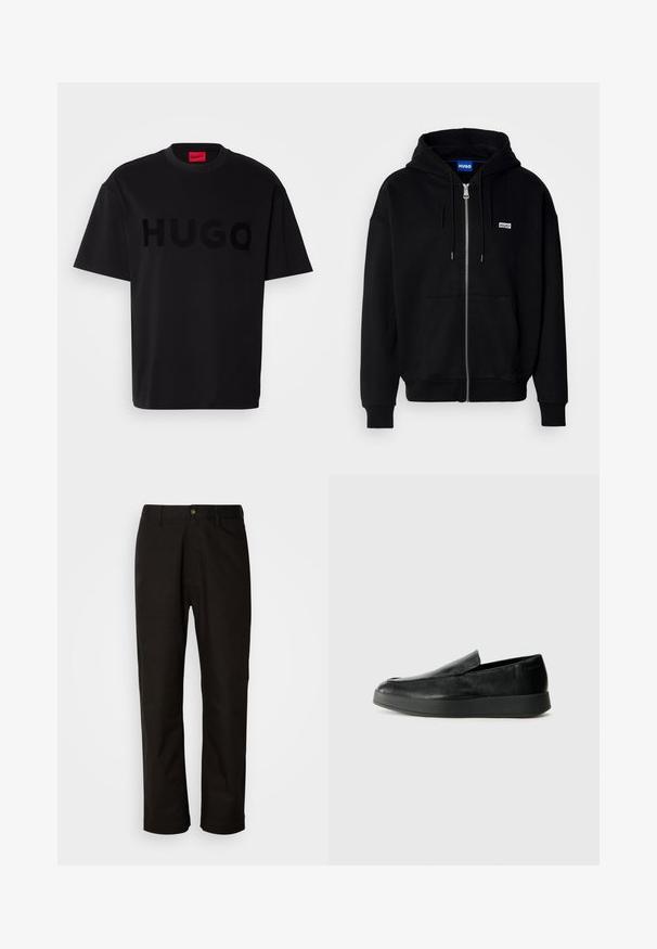 Must mustaga hoodie, mis on valmistatud pehmest kangast, millel on eesmine tasku, nööriga kapuuts ja väike valge logo vasakul rinnal.; Must musta särk lühikeste varrukatega, ümmarguse kaelusega, mille esiküljel on suur, läikiv must "HUGO" logo. Sile tekstuur.; Mustad puuvillased püksid sirge lõikega, vöökohaga, esi tõmblukuga ja ühe nupuga sulgemisega. Sile tekstuur, ilma nähtavate mustriteta.; Calvin Klein HYBRID CUP - Jalga libistatavad jalanõud - triple black