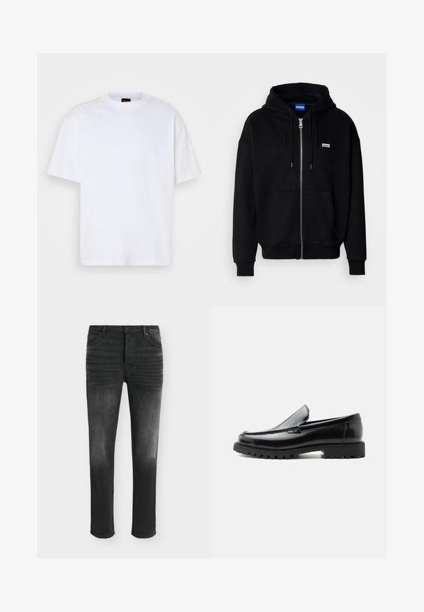 Zwarte ritshoodie van zacht materiaal, met een voorkantzak, een capuchon met koorden en een klein wit logo op de linkerborst.; Witte katoenen T-shirt met ronde hals, korte mouwen en een ontspannen pasvorm. Heeft textuur op de schoudernaden voor extra detail.; Zwarte skinny-fit jeans met vervaagde details, vijfzakkenstijl en knoopsluiting in de taille.; Zwarte leren loafer met dikke rubberen zool, gestikte bovenkant en gegraveerde merknaam op de hiel, zijaanzicht op witte achtergrond.