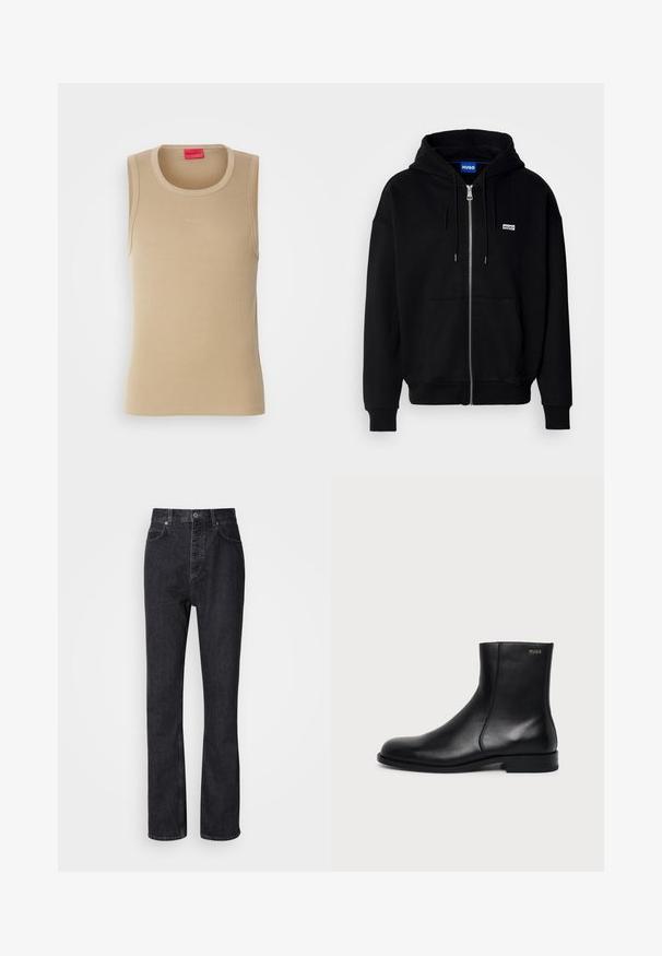 Hoodie zippé noir en tissu doux, avec une poche avant, une capuche à cordon et un petit logo blanc sur la poitrine gauche.; Débardeur beige en tissu côtelé, avec un col rond et un petit logo "HUGO" en relief sur le devant. Sans manches.; Jean en denim noir taille haute avec fermeture à bouton et à glissière, poches avant et arrière, et coupe droite.; Bottine en cuir noir à talon bas, couture latérale et petit logo "HUGO" sur le revers supérieur sur un fond uni.