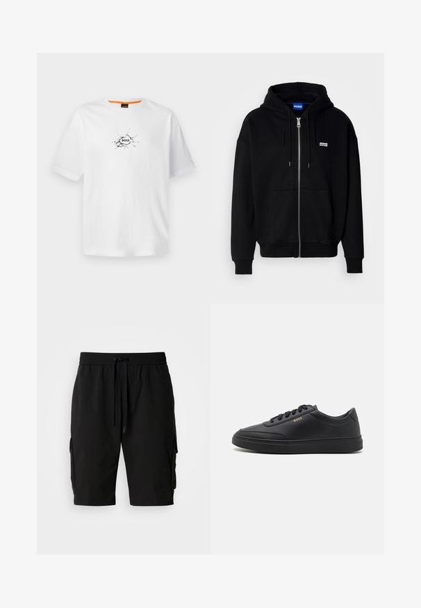 Must mustaga hoodie, mis on valmistatud pehmest kangast, millel on eesmine tasku, nööriga kapuuts ja väike valge logo vasakul rinnal.; Valge puuvillane T-särk ümmarguse kaelusega, millel on must pragunenud disain ja sõna "BOSS" keskel. Lühikesed varrukad.; Mustad mustad lühikesed püksid, mis on valmistatud kergest kangast, painduva vöökoha, nööri ja külgmiste cargo-taskutega täiendava salvestusruumi jaoks.; Mustad nahkspordijalatsid siledast materjalist, ümarate varvastega, tasase kummist tallaga ja tooni sobivate paeltega. Küljes on kuldne "BOSS" bränding.