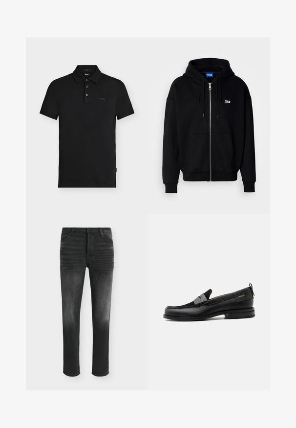 Hoodie zippé noir en tissu doux, avec une poche avant, une capuche à cordon et un petit logo blanc sur la poitrine gauche.; Polo noir slim-fit avec trois boutons, manches courtes et discret logo "BOSS" sur la poitrine et à l'intérieur du col.; Jean skinny noir avec des détails délavés, style cinq poches et fermeture par bouton à la taille.; Mocassin en cuir noir avec détail de bride grise, talon bas et semelle texturée, marqué "HUGO" en or sur le côté.