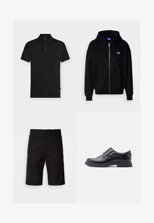 Hoodie zippé noir en tissu doux, avec une poche avant, une capuche à cordon et un petit logo blanc sur la poitrine gauche.; Polo noir slim-fit avec trois boutons, manches courtes et discret logo "BOSS" sur la poitrine et à l'intérieur du col.; Shorts noirs en tissu uni, avec une coupe droite, fermeture à bouton et une texture lisse sans motifs visibles.; Chaussures en cuir noir à lacets avec une texture lisse, un bout arrondi et des détails de couture discrets. Présentent une languette rouge à l'arrière.