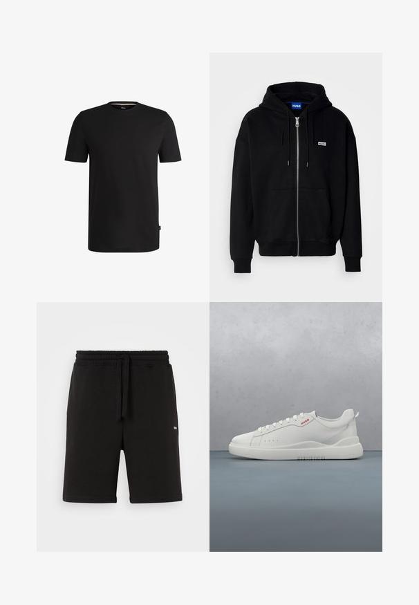 Hoodie zippé noir en tissu doux, avec une poche avant, une capuche à cordon et un petit logo blanc sur la poitrine gauche.; T-shirt noir à manches courtes en coton lisse avec un col rond. Présente une étiquette de marque discrète sur le côté gauche près de l'ourlet.; Shorts en coton noir avec une taille élastique et un cordon de serrage. Dotés de poches latérales et d'un petit logo à l'avant. Texture lisse.; Sneaker blanche avec une finition en cuir lisse, bout rond, quatre œillets, perforations subtiles et un détail de logo rouge sur le côté.