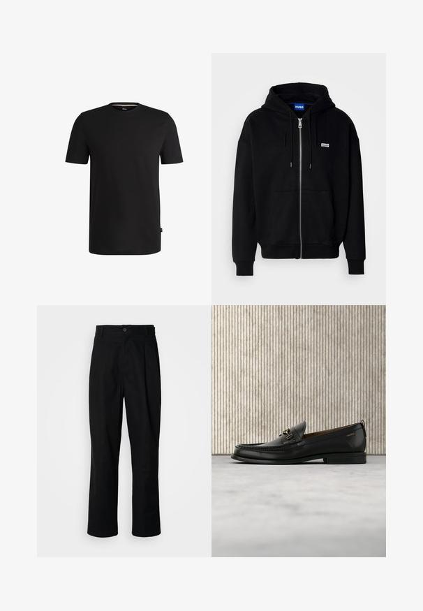 Must mustaga hoodie, mis on valmistatud pehmest kangast, millel on eesmine tasku, nööriga kapuuts ja väike valge logo vasakul rinnal.; Must t-särk lühikeste varrukatega, valmistatud siledast puuvillast ja ümmarguse kaelusega. Vasakul küljel, hemmi lähedal, on väike brändi silt.; Mustad sirged püksid nuppudega vöökoht, vöölõngad ja eesmine voldik, esitatud lihtsa valge tausta ees.; Mustast nahast loafer kuldse metallist detaili ja "HUGO" logoga, eksponeeritud beeži vaiba ning pruunide läbipaistvate mööbliesemete taustal.