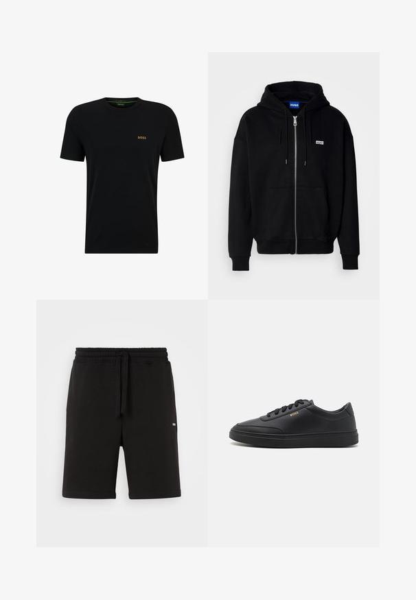 Must mustaga hoodie, mis on valmistatud pehmest kangast, millel on eesmine tasku, nööriga kapuuts ja väike valge logo vasakul rinnal.; Mustmust värvi puuvillane t-särk ümarate krae, lühikeste varrukate ja väikese kuldse logoga vasakul rinnal. Sile tekstuur ja lihtne disain.; Mustad must puuvillased lühikesed püksid, millel on elastne vöökoht ja nöör. Omab küljekotte ja väikest logosid ees. Sile tekstuur.; Mustad nahkspordijalatsid siledast materjalist, ümarate varvastega, tasase kummist tallaga ja tooni sobivate paeltega. Küljes on kuldne "BOSS" bränding.