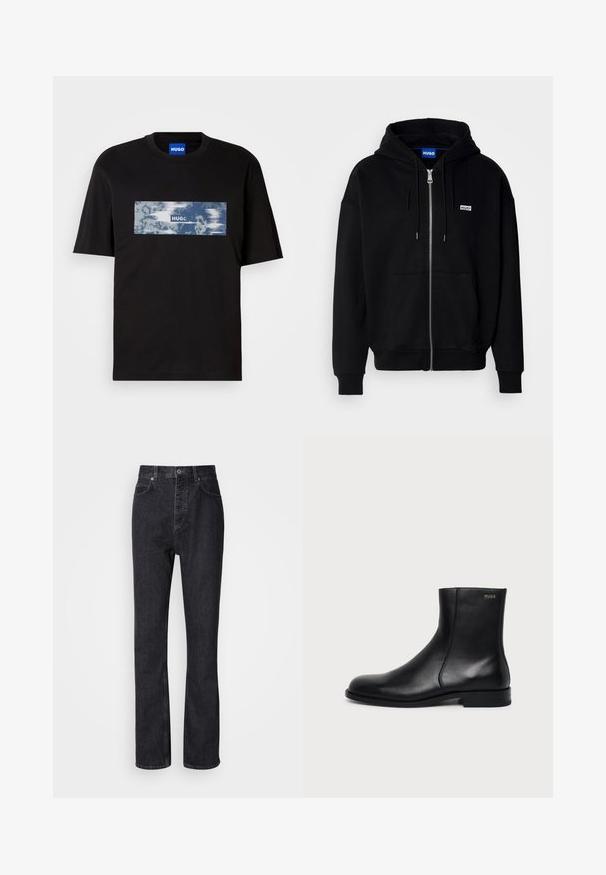 Zwarte ritshoodie van zacht materiaal, met een voorkantzak, een capuchon met koorden en een klein wit logo op de linkerborst.; Zwarte T-shirt met korte mouwen met een blauw-witte rechthoekige graphic en de tekst "HUGO" op de borst, en een blauw label binnenin de kraag.; Hoge taille zwarte denim jeans met een knoop- en ritssluiting, voor- en achterzakken en een rechte pasvorm.; Zwarte leren enkellaars met lage hak, zijstiksels en klein "HUGO" logo op de bovenste boord tegen een effen achtergrond.