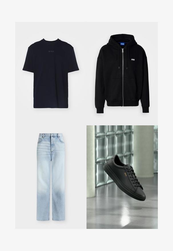Hoodie zippé noir en tissu doux, avec une poche avant, une capuche à cordon et un petit logo blanc sur la poitrine gauche.; T-shirt en coton bleu marine à manches courtes et col rond, avec un logo "BOSS" gris centré sur la poitrine.; Jeans bleu clair taille haute à jambes droites, avec poches avant, passants de ceinture et fermeture par bouton.; Baskets basses en cuir noir avec lacets noirs et logo BOSS doré sur le côté, flottant au-dessus d’un sol gris brillant dans un espace intérieur moderne.