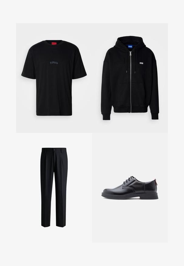 Zwarte ritshoodie van zacht materiaal, met een voorkantzak, een capuchon met koorden en een klein wit logo op de linkerborst.; Zwarte T-shirt met korte mouwen met "HUGO" geborduurd in kleine, gestileerde letters op de borst en een rood label in de kraag.; Zwarte broek van gladde stof, met een rechte pijpdesign, plooien aan de voorkant en een knoopsluiting met riemlussen.; Zwarte leren veter schoenen met een gladde textuur, ronde neus en subtiel stiksel detail. Voorzien van een rode trekband op de hiel.
