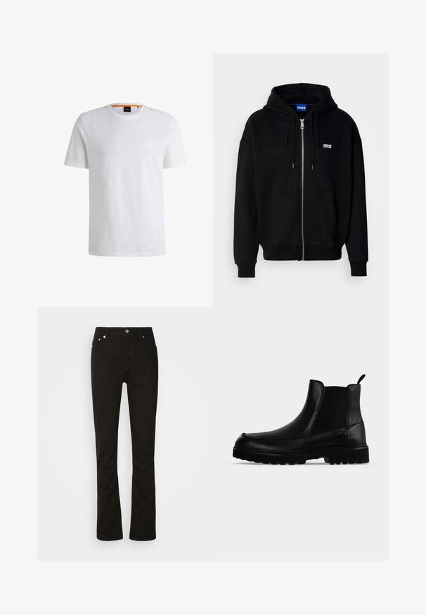 Sudadera con cremallera negra hecha de tejido suave, con un bolsillo frontal, capucha con cordón y un pequeño logo blanco en el lado izquierdo del pecho.; Camiseta de algodón blanca con mangas cortas y cuello redondo. Presenta un sutil parche de logo en el frente y un acento naranja en el cuello.; Jeans de denim negro con diseño de pierna recta, que cuentan con bolsillos frontales, una cremallera y acentos de hardware plateado. Textura suave, sin patrones.; Bota negra de cuero hasta el tobillo con suela texturizada, paneles laterales elásticos y pestaña de tirador sobre fondo gris claro.