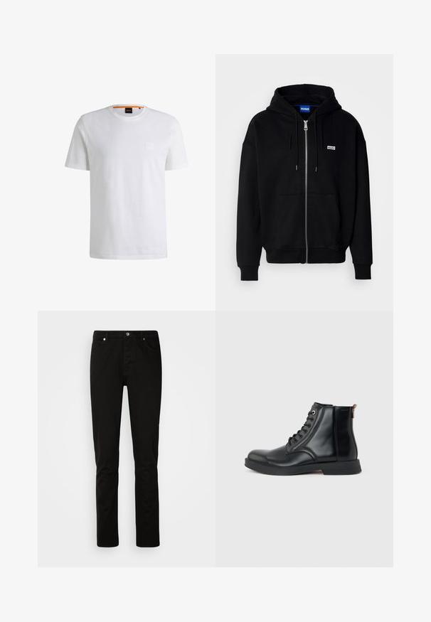 Sudadera con cremallera negra hecha de tejido suave, con un bolsillo frontal, capucha con cordón y un pequeño logo blanco en el lado izquierdo del pecho.; Camiseta de algodón blanca con mangas cortas y cuello redondo. Presenta un sutil parche de logo en el frente y un acento naranja en el cuello.; Vaqueros negros de corte recto con cierre frontal de botón y cremallera, bolsillos delanteros y traseros, mostrados sobre un fondo claro y liso.; Bota de tobillo de cuero negro con cordones en la parte delantera, puntera redondeada, suela plana y lengüeta en la parte trasera sobre un fondo liso gris claro.