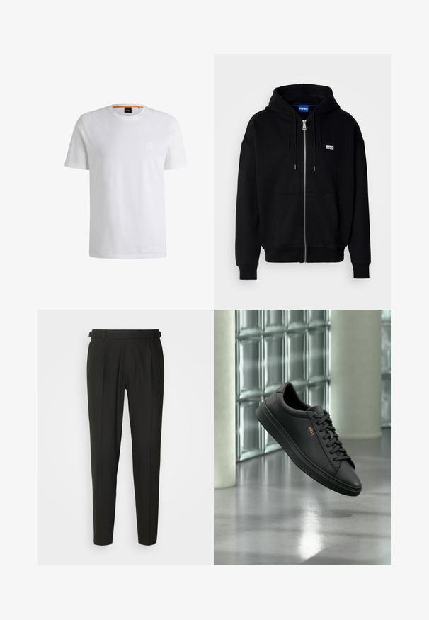 Sudadera con cremallera negra hecha de tejido suave, con un bolsillo frontal, capucha con cordón y un pequeño logo blanco en el lado izquierdo del pecho.; Camiseta de algodón blanca con mangas cortas y cuello redondo. Presenta un sutil parche de logo en el frente y un acento naranja en el cuello.; Pantalones negros ajustados con frontales lisos, dos pliegues, trabillas para cinturón y diseño de pierna recta. Fabricados con una tela suave y ligera.; Zapatilla baja de piel negra con cordones negros y logo dorado BOSS en el lateral, flotando sobre un suelo gris brillante en un espacio interior moderno.