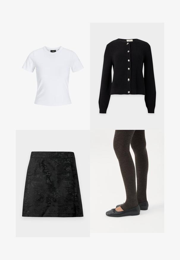 Zwarte gebreide cardigan met lange mouwen, zes zilveren decoratieve knopen aan de voorkant en een ronde hals.; Witte aansluitende T-shirt met korte mouwen, ronde hals en een klein zwart label aan de binnenkant van de kraag.; Zwarte rok met een bloemenpatroon, gladde textuur en een getailleerde pasvorm. Heeft een tailleband en een rechte snit met een lichte flare.; Benen met donkere geribbelde leggings gecombineerd met zwarte ballerina's met kleine strikdetails op een witte achtergrond.