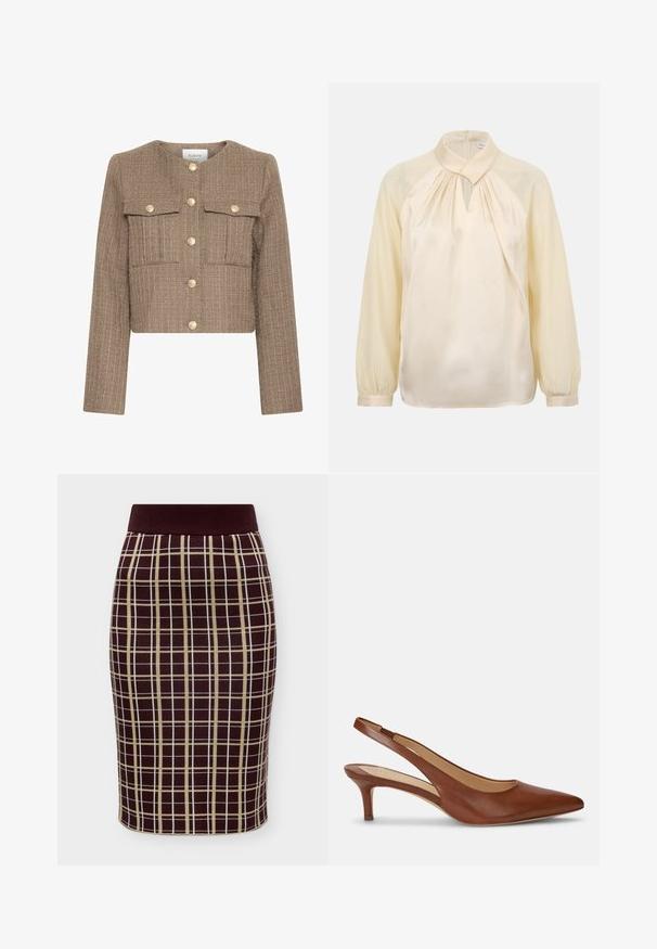 Kurze Jacke aus braunem strukturiertem Stoff, mit rundem Halsausschnitt, langen Ärmeln, zwei Brusttaschen und goldenen Knopfverschlüssen.; Cremefarbene Langarmbluse mit hohem Kragen, plissiertem Halsausschnitt, Schlitz und geknöpften Manschetten.; Brauner und beiger karierten Bleistiftrock mit taillierter Form und einfarbigem dunkelbraunem Bund vor weißem Hintergrund.; Brauner Leder-Damenslingback mit spitzer Schuhspitze und niedrigem Kittenabsatz auf weißem Hintergrund.