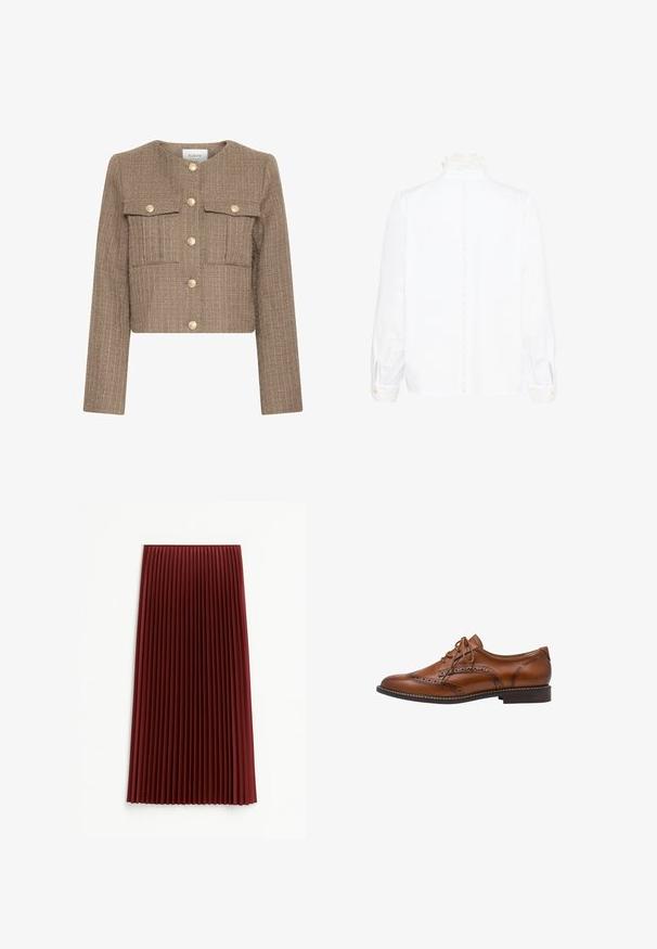 Chaqueta corta de tejido texturizado marrón, con cuello redondo, mangas largas, dos bolsillos en el pecho y cierres de botones dorados.; Blusa blanca de manga larga con cuello y puños de encaje, que presenta un ribete de encaje vertical en el centro de la espalda.; Falda midi plisada en rojo profundo, con un tejido texturizado y pliegues verticales uniformemente espaciados. El dobladillo llega aproximadamente a la mitad de la pantorrilla.; Zapato Oxford brogue de cuero marrón con detalles de ala, perforaciones, cordones y tacón bajo apilado sobre fondo blanco.
