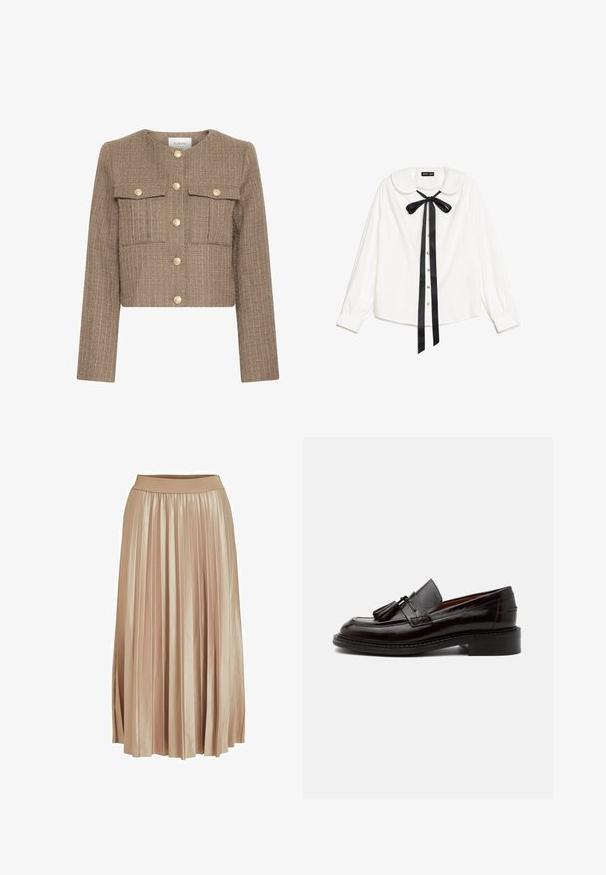 Veste courte en tissu texturé marron, avec un col rond, des manches longues, deux poches poitrine et des fermetures à bouton doré.; Blouse blanche à manches longues avec col Peter Pan, nœud en satin noir au cou et boutons en perles à l'avant.; Jupe midi plissée en satin beige clair. Dotée d'une large taille élastique et de plis verticaux élégants sur toute sa longueur.; Mocassin en cuir marron foncé avec pampilles, détails cousus et un petit talon empilé sur un fond clair uni.