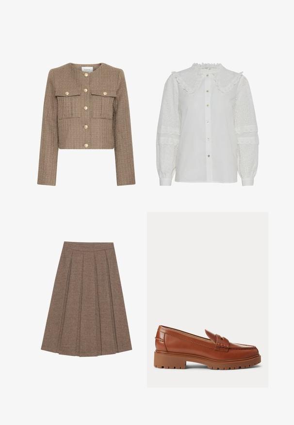Veste courte en tissu texturé marron, avec un col rond, des manches longues, deux poches poitrine et des fermetures à bouton doré.; Blouse blanche avec un col volanté, fermeture à boutons et détails en broderie sur les manches bouffantes. Présente un éclat subtil et une texture douce.; Jupe plissée en tissu marron à motif en chevrons, dotée d'une taille ajustée et d'une silhouette évasée, offrant une texture et un design structurés.; Mocassin en cuir marron avec semelle épaisse en caoutchouc et petit talon, doté d'une bride cousue sur le dessus.