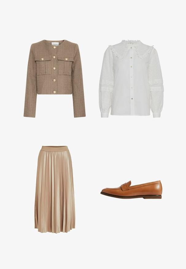 Veste courte en tissu texturé marron, avec un col rond, des manches longues, deux poches poitrine et des fermetures à bouton doré.; Blouse blanche avec un col volanté, fermeture à boutons et détails en broderie sur les manches bouffantes. Présente un éclat subtil et une texture douce.; Jupe midi plissée en satin beige clair. Dotée d'une large taille élastique et de plis verticaux élégants sur toute sa longueur.; Mocassin en cuir tan au design épuré, avec un détail de sangle à l'avant, un bout arrondi et un petit talon marron. Texture lisse, style minimaliste.