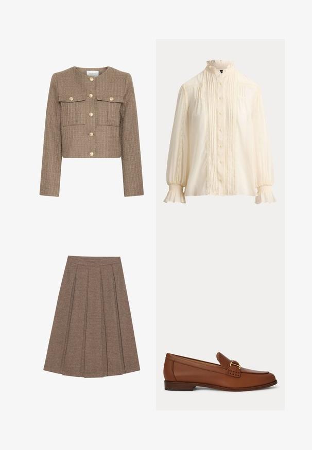 Veste courte en tissu texturé marron, avec un col rond, des manches longues, deux poches poitrine et des fermetures à bouton doré.; Blouse crème à manches longues avec col et poignets à volants, fermeture boutonnée devant, plis verticaux et détails de dentelle.; Jupe plissée en tissu marron à motif en chevrons, dotée d'une taille ajustée et d'une silhouette évasée, offrant une texture et un design structurés.; Mocassin en cuir marron avec détail de boucle dorée et petit talon en bois, présenté de côté sur un fond uni.