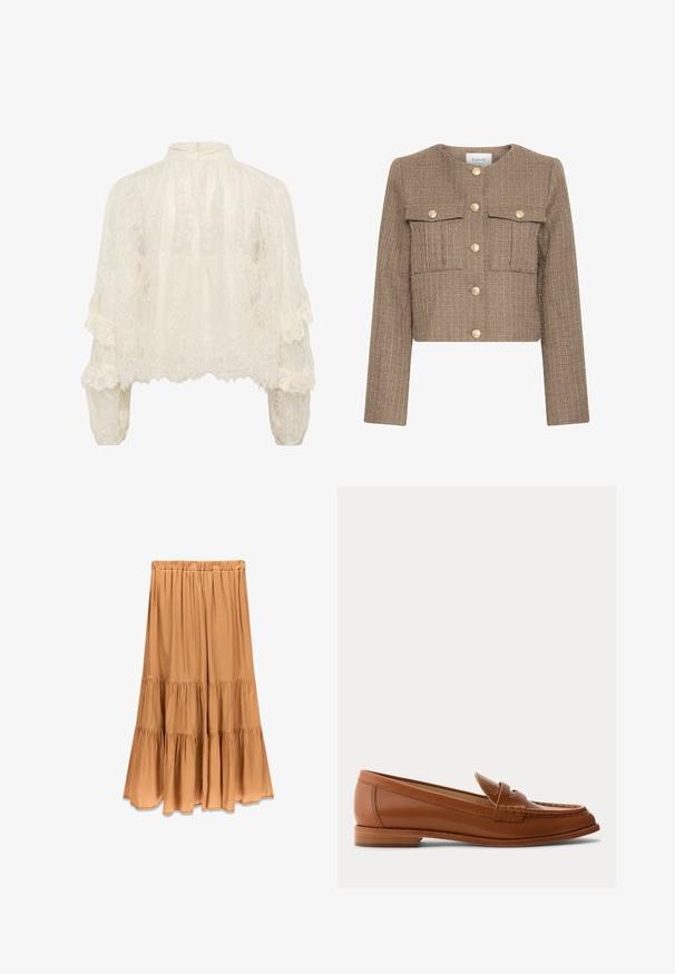 Veste courte en tissu texturé marron, avec un col rond, des manches longues, deux poches poitrine et des fermetures à bouton doré.; Blouse à manches longues en dentelle ivoire avec col haut, motifs floraux délicats, couches froncées sur les manches et ourlet à bord festonné.; Jupe longue à volants couleur chameau avec taille élastique et sections de tissu froncées créant une silhouette fluide.; Mocassin en cuir marron avec petit talon en bois, bride classique pour pièce et détails cousus le long de la pointe et des côtés.