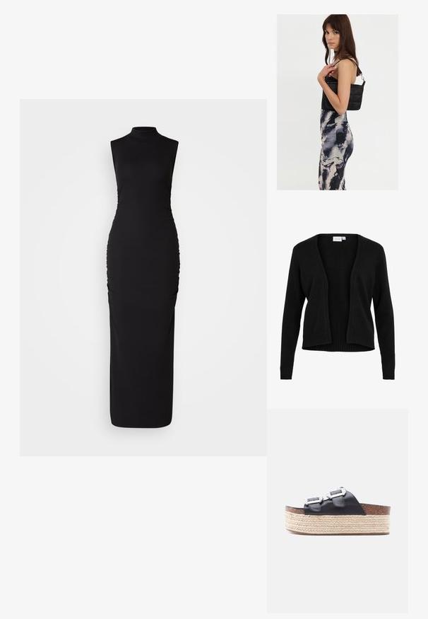 Sort cardigan med en blød tekstur, åben frontdesign, lange ærmer og ribbet detaljering ved kanten og manchetterne.; Sort ærmeløs kjole med høj hals, lavet af strækbart stof. Har sideløsning for tekstur, tætsiddende silhuet og gulvlængde.; Sort platform-sandal med to justerbare sølvspænder og flettet jutesål på hvid baggrund.; Sort quiltet skuldertaske med en enkelt rem og sølvhardware, parret med en tætsiddende kjole med tie-dye mønster i nuancer af sort og creme.