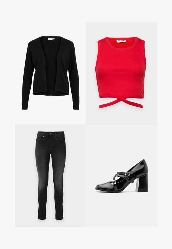Čierny kardigán s jemnou textúrou, otvoreným dizajnom vpredu, dlhými rukávmi a rebrovanými detailmi na leme a manžetách.; Červený bavlnený crop top s rebrovanou textúrou, bezrukávovým dizajnom a uzlom vpredu pre priliehavý vzhľad.; Čierne skinny džínsy vyrobené z denimu. Medzi vlastnosti patrí zapínanie na gombík, pútka na opasok a predné vrecká. Hladká štruktúra s jemným vyblednutím.; Lesklá čierna lodička v štýle Mary Jane s tromi prackami a hrubým blokovým podpätkom, zobrazená v bočnom profile na bielom pozadí.
