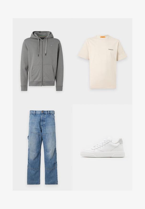 Šedá mikina na zips vyrobená z mäkkej tkaniny, s kapucňou, dvoma prednými vreckami a rebrovým ukončením, s logom na ľavej hrudi.; Replay Inc. ESSENTIAL LOGO UNISEX - Základné tričko - ivory; Svetlo modré džíny s širokými nohavicami, s vyblednutými miestami a švami s patchworkom. Obsahujú predné zapínanie na gombík a zips a bočné vrecká.; Biele kožené tenisky s hladkým povrchom, zaoblenou špičkou, plochými šnúrkami a textúrovanou podrážkou. Sivý semišový akcent na päte.