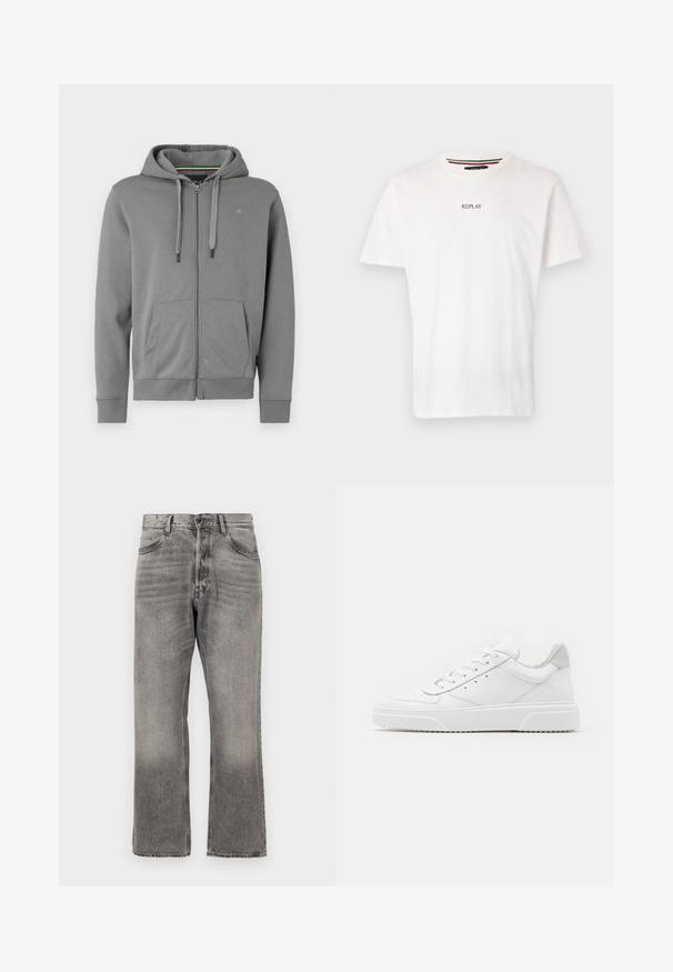 Graue Zip-up Hoodie aus weichem Stoff, mit Kapuze, zwei Fronttaschen und gerippten Bündchen, mit einem Logo auf der linken Brust.; Weißes Baumwoll-T-Shirt mit V-Ausschnitt, kurzen Ärmeln und einem kleinen "REPLAY"-Aufdruck auf der Brust. Glatte Textur, lässige Passform.; Graue Jeans aus Denim mit einem leicht verblassten Finish, gerades Bein-Design, klassischer Fünf-Taschen-Stil und klassischer Reißverschlussverschluss.; Weiße Leder-Sneaker mit glatter Oberfläche, rundem Zehenbereich, flachen Schnürsenkeln und strukturiertem Schuhsohlen. Graues Wildleder-Detail an der Ferse.