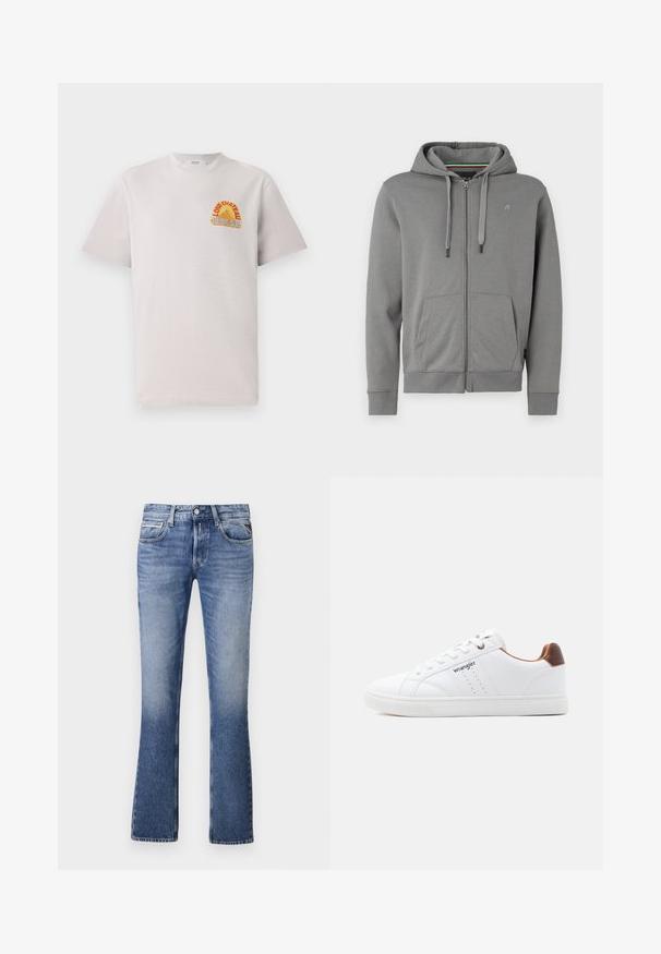 Grå zip-up hoodie lavet af blødt stof, med hætte, to frontlommer og ribbede manchetter, med et logo på venstre bryst.; Lysegrå bomulds T-shirt med rund hals, der har et farverigt "Lone Château Replay" grafik i orange og blå på brystet.; Lyseblå denimjeans med en udvidet ben-design, der har fem lommer, en knaplukning foran og diskret falmning overalt.; Hvid lavtop-sneaker med hvide snørebånd, perforerede detaljer, "Wrangler"-logo på siden og brun hælaccents på ensfarvet baggrund.