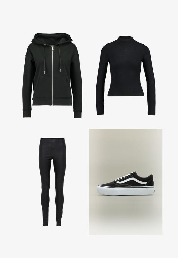Sort zip-up hoodie lavet af blødt stof, med en hætte med snoretræk, ribbede manchetter og kant samt forlommer. Enkel design.; Sort langærmet turtleneck top lavet af ribbet stof, med en tætsiddende design og slank silhuet. Ingen mønstre eller detaljer.; Sorte læderleggings med høj talje, glat tekstur og tætsiddende pasform fra talje til ankel.; Lavtop sort sneaker med hvid side stribe, hvide snørebånd, hvid gummisål og tekstureret tåhætte på neutral baggrund.