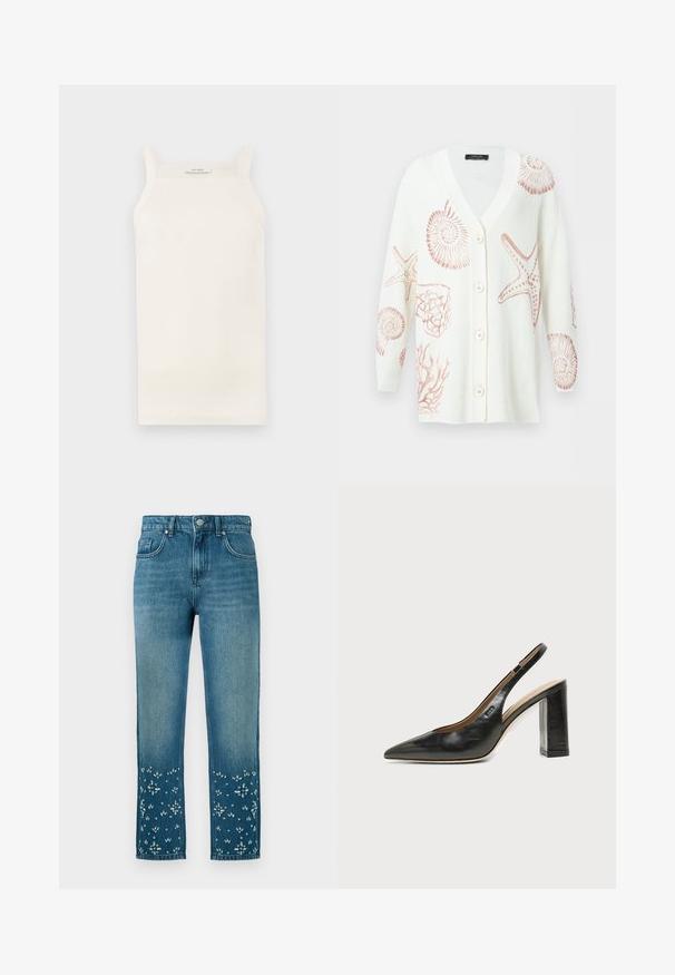 Hvid knaplukket cardigan med V-hals med beige havtema-prints, herunder søstjerner, muslinger, koraller og ammonitdesigns.; Cremefarvet ribbet tanktop med tynde stropper, tætsiddende design og lige kant. Etiketten siger "IVY OAK." Materialet ser blødt og strækbart ud.; Blå denimjeans med lige snit, der har blomsterbroderi og udsmykninger ved kanten samt fem lomme-design.; Sort læder peep-toe slingback sko med høj blokhæl og beige indvendig foring mod en ensfarvet lys baggrund.