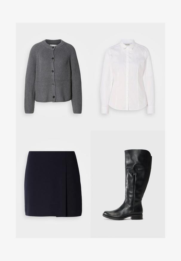 Grijze gebreide cardigan met een ronde hals, knopen aan de voorkant en een ribbelstructuur. Beschikt over lange mouwen en een cropped ontwerp.; Witte button-down shirt van soepel katoen met een klassieke kraag, lange mouwen en een subtiel logo op de borst. Voorzien van een knoopsluiting aan de voorkant.; Een zwarte minirok met een rechte pasvorm, gemaakt van zacht stof, voorzien van een zijplooitje voor extra detail en een nette zoom.; Zwarte leren kniehoge laarzen met een slank ontwerp, een ronde neus en een bescheiden blokhak; gladde textuur met minimale stikseldetails.