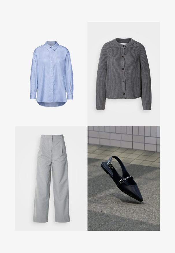 Grå strikket cardigan med rund halsudskæring, knaplukning foran og ribbet tekstur. Har lange ærmer og et cropped design.; Lys blå skjorte med knapper og lodret stribemønster, lange ærmer med knapmanchetter og en klassisk krave.; Grå bredebukser lavet af tekstureret stof, med høj talje, læg foran og en lige pasform ned til kanten.; Sort flad slingback med spids tå og dobbelte spænder, hvilende på grå asfalt nær flisevæg.