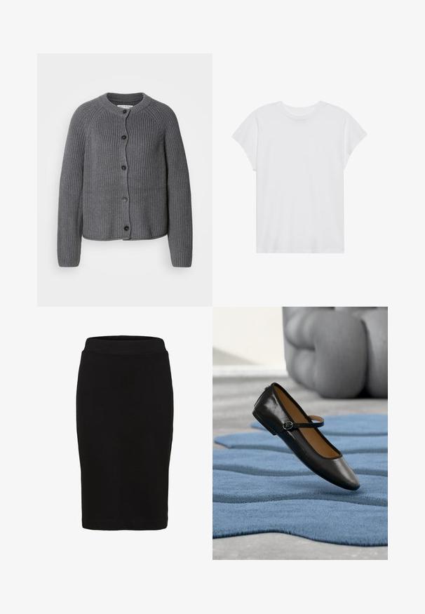 Grijze gebreide cardigan met een ronde hals, knopen aan de voorkant en een ribbelstructuur. Beschikt over lange mouwen en een cropped ontwerp.; Witte t-shirt met korte mouwen, ronde hals, relaxte pasvorm, gemaakt van zacht katoen. Glad textuur, geen patronen of logo's.; Zwarte kokerrok tot op de knie met een aansluitende tailleband en gladde stof, afgebeeld tegen een witte achtergrond.; Zwart leren Mary Jane-schoen met gespsluiting, geplaatst op een gestructureerd blauw tapijt, met een wazige grijze gestoffeerde bank op de achtergrond.