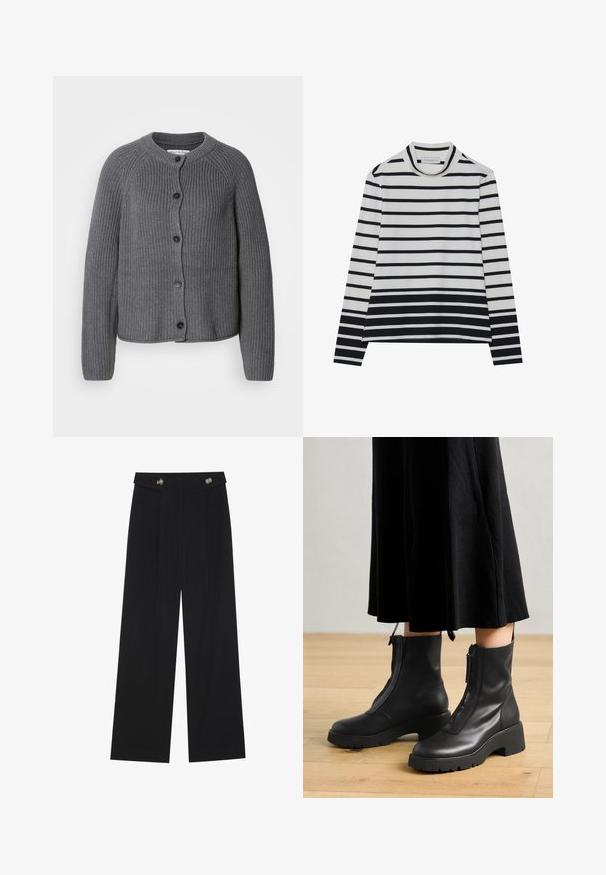 Grå strikket cardigan med rund halsudskæring, knaplukning foran og ribbet tekstur. Har lange ærmer og et cropped design.; Langærmet bluse lavet af bomuld, med vandrette sorte og hvide striber, en høj mock neck og en afslappet pasform med sidesplits.; Sorte vide bukser med høj talje, knapdetaljer på taljebåndet og frontfald.; Sorte læder ankelstøvler med en kraftig platformsål og en frontlynlås. Glat tekstur med et minimalistisk design.