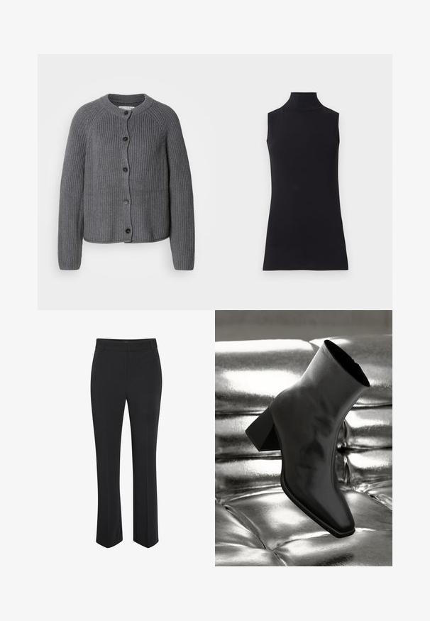 Grå strikket cardigan med rund halsudskæring, knaplukning foran og ribbet tekstur. Har lange ærmer og et cropped design.; Sort ærmeløs turtleneck top, lavet af glat stof. Figurtilpasset design med høj hals og lige kant, minimalistisk og ensfarvet.; Sorte, skræddersyede bukser med lige ben. Fremstillet af glat stof, med en taljeret linning i taljen og en diskret presning foran.; Sorte ankelstøvler lavet af glossy materiale med firkantet tå og spidse hæle, sat mod en skinnende sølv tuftet baggrund.
