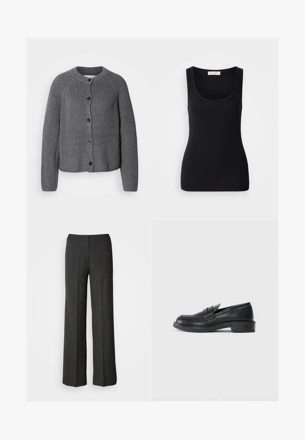 Grå strikket cardigan med rund halsudskæring, knaplukning foran og ribbet tekstur. Har lange ærmer og et cropped design.; Sort ribbet tanktop med rund halsudskæring, brede skulderstropper og en tætsiddende pasform. Label bagpå med teksten "Marc O'Polo."; Bredde ben bukser i mørkegrå, lavet af struktureret stof. Har en tætsiddende talje og et subtilt nålestribemønster.; Sorte læder loafers med rund tå, stikninger og en lille hæl. Glat tekstur og en fleksibel gummisål.