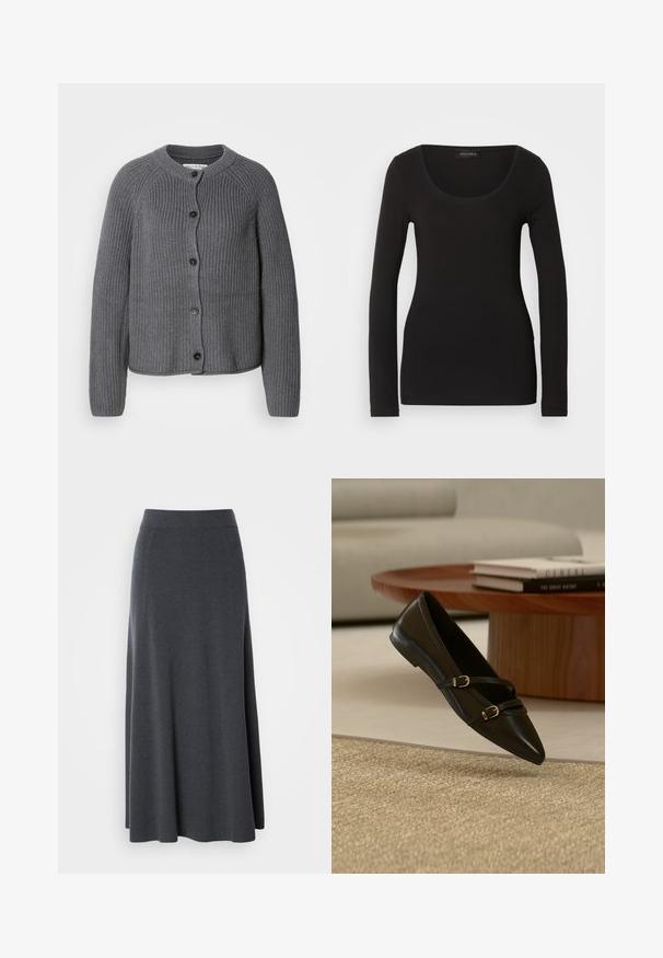 Grå strikket cardigan med rund halsudskæring, knaplukning foran og ribbet tekstur. Har lange ærmer og et cropped design.; Sort langærmet top med en rund halsudskæring, lavet af blødt, strækbart stof. Har en tætsiddende pasform og glat tekstur. Brandlabel synlig.; Mørkegrå maxi-nederdel lavet af blødt, strækbart stof. Har en høj talje og en svævende design med diskrete sidesømme for form.; Sort flad sko med spids snude og to tynde remme med spænder, der svæver over et beige tæppe, med et bord i træ og bøger i baggrunden.