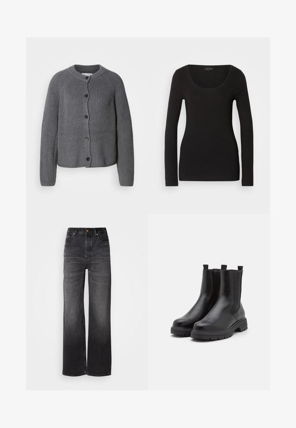 Grå strikket cardigan med rund halsudskæring, knaplukning foran og ribbet tekstur. Har lange ærmer og et cropped design.; Sort langærmet top med en rund halsudskæring, lavet af blødt, strækbart stof. Har en tætsiddende pasform og glat tekstur. Brandlabel synlig.; Sorte afslappede jeans med høj talje, fem lommer, knaplukning og en subtil falmet tekstur. Tyk stof med en struktureret pasform.; Sorte læder ankelstøvler med elastiske sidelapper, rund tå og en tyk gummisål. Har stropper for nem påklædning.