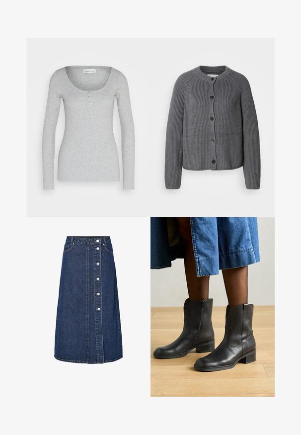 Grå strikket cardigan med rund halsudskæring, knaplukning foran og ribbet tekstur. Har lange ærmer og et cropped design.; Langærmet grå top lavet af blødt, tekstureret stof. Har en rund halsudskæring og tre funktionelle knapper i midten foran.; Denimnederdel med høj talje, frontknaplukning og to sidelommer. Mørkeblå farve, lige snit og synlige syningsdetaljer.; Sorte læder ankelstøvler med en lav blokhæl, dekorativ syning og sidelukninger, båret med en denimskirt. Baggrund med trægulv.