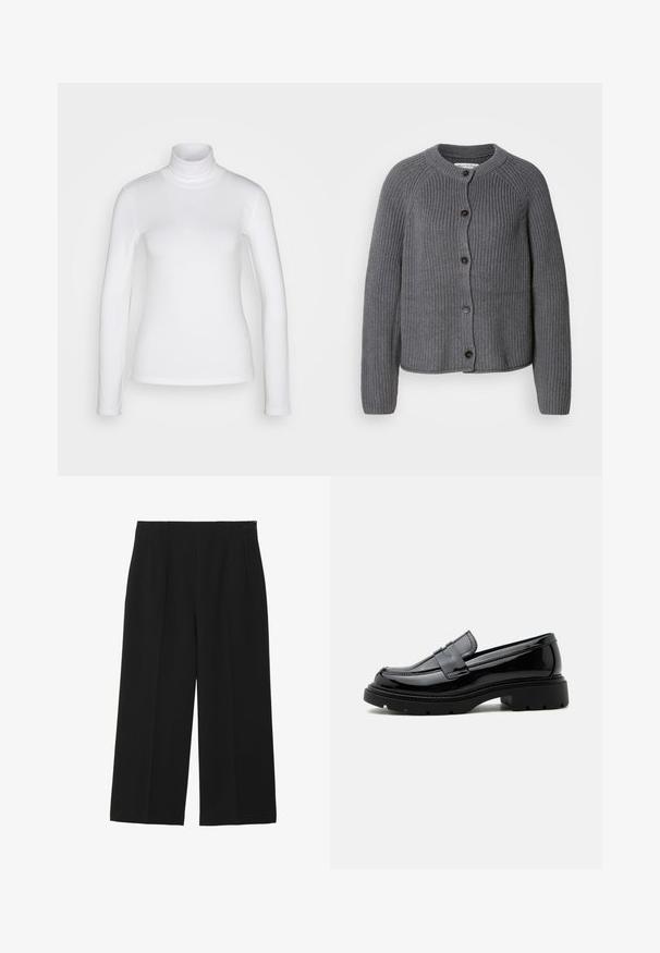 Cardigan gris en maille avec un col rond, fermeture à boutons et texture côtelée. Présente des manches longues et un design court.; Chemise à col roulé blanc à manches longues en tissu lisse et extensible. Offre une coupe ajustée et un col haut. Pas de motifs ni d'accents visibles.; Pantalons larges noirs en tissu lisse, avec deux poches avant, un devant plat, et une fermeture éclair sur le côté.; Mocassin en cuir noir brillant avec semelle épaisse à crampons et bride penny, présenté en profil latéral sur fond blanc uni.