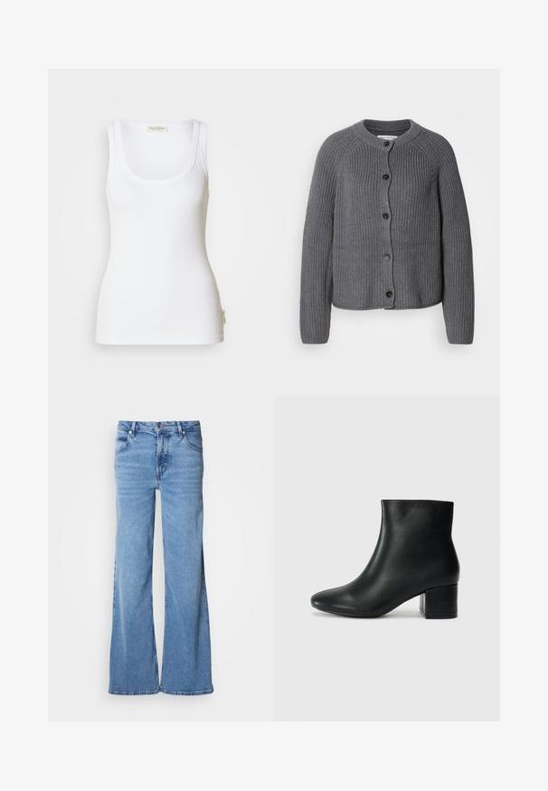Cardigan gris en maille avec un col rond, fermeture à boutons et texture côtelée. Présente des manches longues et un design court.; Débardeur blanc côtelé avec un col rond dégagé et des bretelles larges. Présente une étiquette logo sur l'ourlet latéral. Confectionné en tissu doux et extensible.; Jean large de couleur bleu clair en denim. Doté d'un design classique à cinq poches et d'une braguette à boutons apparents. Texture douce et finition unie.; Bottines en cuir noir avec un bout pointu et un talon épais. Texture lisse avec des accents minimalistes et un design élégant et ajusté.