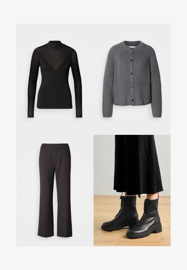 Cárdigan de punto gris con cuello redondo, cierre de botones y textura acanalada. Presenta mangas largas y un diseño cropped.; Top negro de manga larga con paneles transparentes que forman una forma de V en el escote. Textura suave, diseño ajustado, cuello alto.; Mos Mosh SVALA - Pantalones - black; Botas de tobillo de cuero negro con suela de plataforma gruesa y cremallera delantera. Textura suave con un diseño minimalista.