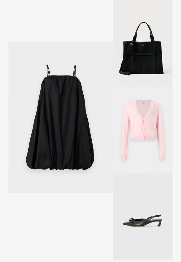 Cardigan court rose clair à manches longues, encolure en V, avec trois boutons assortis sur le devant, sur un fond blanc uni.; Robe noire à fines bretelles, coupe ample en forme de ballon, avec un col froncé. Fabriquée en tissu doux, présentant une texture lisse sans motifs visibles.; Chaussure slingback en cuir noir avec un bout pointu, un petit talon et un détail de boucle décoratif sur le dessus. Texture lisse, design minimaliste.; Sac fourre-tout rectangulaire noir avec deux poignées, une bandoulière ajustable et une fermeture à bouton-pression doré sur la poche avant.