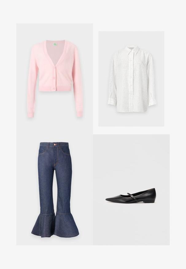 Cárdigan rosa claro corto con mangas largas, escote en V y tres botones a juego en la parte delantera sobre un fondo blanco liso.; Camisa blanca de manga larga con botones, con un sutil patrón de lentejuelas punteadas y cuello clásico sobre fondo liso.; Jeans de mezclilla azul oscuro de pierna acampanada con un dobladillo con volantes, cinco bolsillos y costuras de contraste en color naranja. Cintura de altura media con cierre de botón en el frente.; Bailarinas de charol negro con punta afilada, tira al tobillo y herrajes decorativos. Textura suave y diseño de tacón bajo.