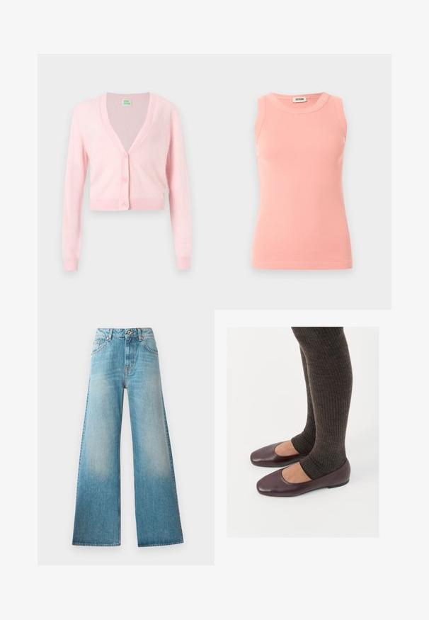 Lyserød cropped cardigan med lange ærmer, V-hals og tre matchende knapper ned foran på en ensfarvet hvid baggrund.; Ærmeløs, ribstrikket lyserød tanktop med rund hals og Drykorn-mærke på bagsiden af kraven, vist på en ensartet lys baggrund.; Lysblå denim wide-leg jeans med høj talje, fem-lomme design og diskret falmning langs lårerne. Kobberfarvede hardware-detaljer.; Burgunderrøde patenterede læder flade sko med firkantet tådesign, parret med mørkebrune ribbede strømpers der når til midten af læggen.