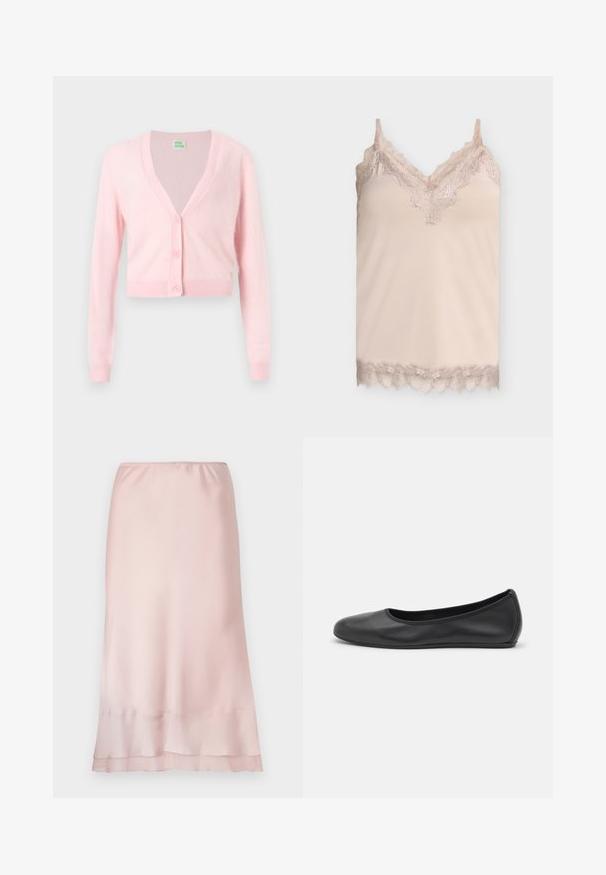 Hellrosa, bauchfreier Cardigan mit langen Ärmeln, V-Ausschnitt und drei passenden Knöpfen vorne auf einfachem weißen Hintergrund.; Beige Seiden-Camisole mit Spitzenbesatz entlang des V-Ausschnitts, der Träger und des Saums vor schlichtem hellgrauem Hintergrund.; Helle rosa Satin-Midischürze mit elastischem Bund und mehrlagigem Saumdetail, präsentiert auf einem schlichten weißen Hintergrund.; Schwarze Leder-Ballettschuhe mit abgerundeter Spitze, glatter Textur, minimalen Nähdetails und einem flexiblen Sohlen-Design.